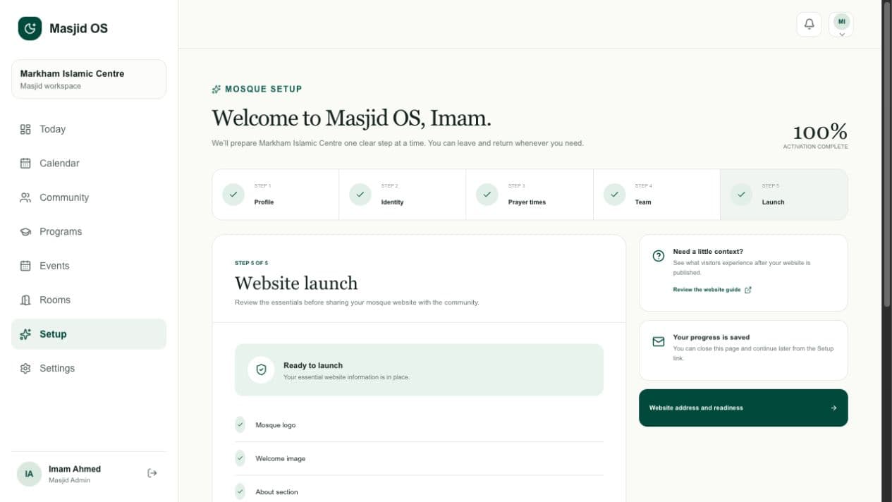 Masjid OS guided mosque setup showing complete launch readiness