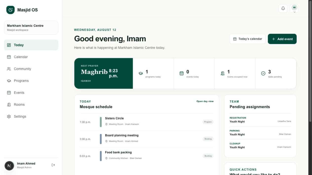 Masjid OS mosque operations dashboard